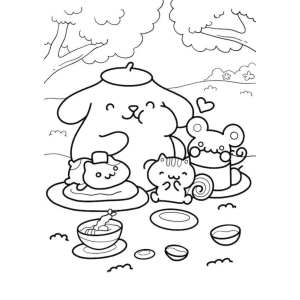 Pompompurin e Cinnamoroll na mesa de doces para colorir