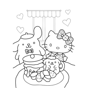 Pompompurin e Hello Kitty comendo panquecas para colorir