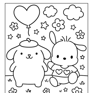 Pompompurin e Pochacco entre flores para colorir