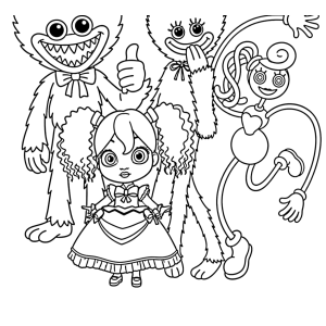 Poppy com Huggy Wuggy, Kissy Missy e Mommy Long Legs para colorir