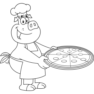 Porquinho pizzaiolo com a pizza pronta para colorir