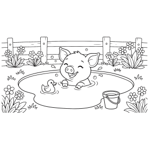 Porquinho se refrescando na piscina de quintal para colorir