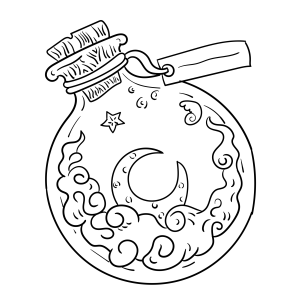 Pote de poção com lua e estrelas para colorir