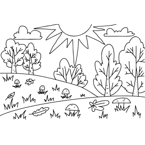 Prado florido com árvore e sol radiante para colorir