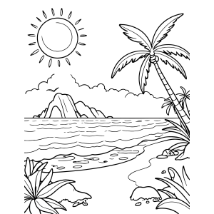 Praia com montanhas ao fundo para colorir