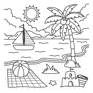 Praia com veleiro, coqueiro e bola para colorir