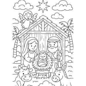 Presépio com anjo sobre o estábulo e a estrela de Belém para colorir