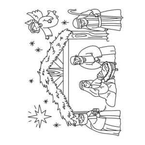 Presépio com guirlanda, anjo e os Reis Magos para colorir
