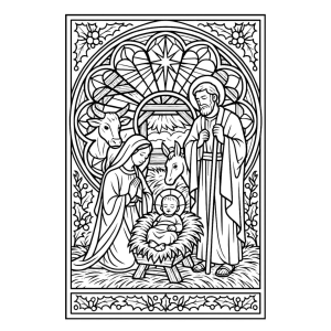 Presépio em vitral com a Sagrada Família para colorir