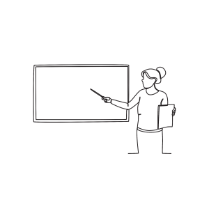 Professora apontando para o quadro branco para colorir