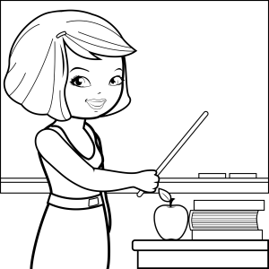 Professora com apontador e maçã na mesa para colorir