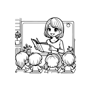 Professora com os alunos na frente da lousa para colorir