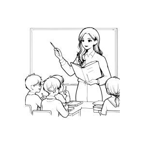 Professora dando aula para a turma para colorir