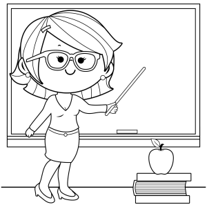 Professora de óculos ao lado do quadro negro para colorir