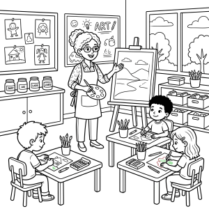 Professora pintando com os alunos na sala para colorir