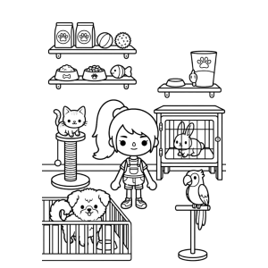Quarto do Toca Boca com estante, brinquedos e gatinho para colorir