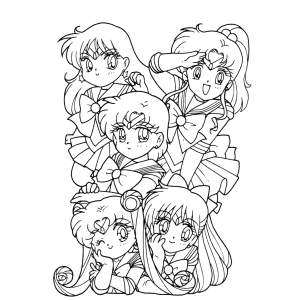 Quatro Guerreiras Sailor em versão chibi para colorir