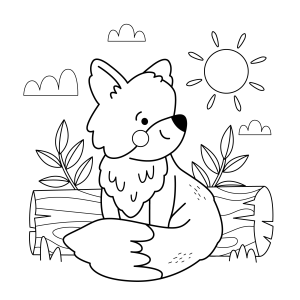 Raposa deitada sob o sol e as nuvens para colorir