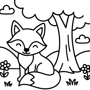 Raposa embaixo da árvore com flores para colorir