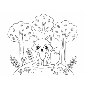 Raposinha fofa na floresta entre as árvores para colorir