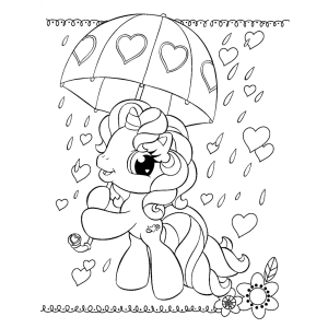 Rarity com guarda-chuva de corações na chuva para colorir