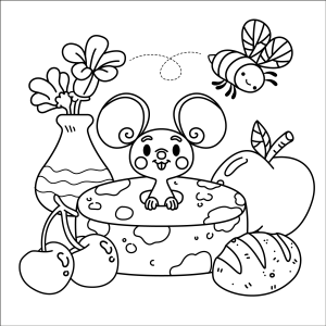 Ratinho com livros, maçã e frutas para colorir