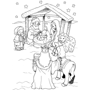 Reis Magos chegando ao estábulo com o camelo para colorir