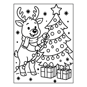 Rena enfeitando a árvore de Natal para colorir