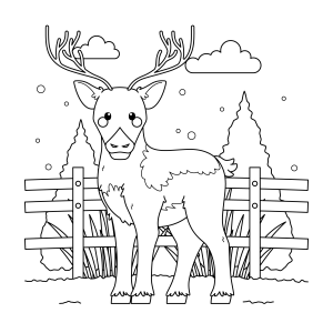 Rena na neve ao lado da cerca para colorir