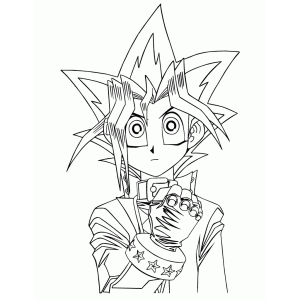 Rosto de Yugi com cabelo espetado em close para colorir