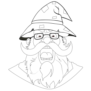 Rosto do velho mago de óculos e barba longa para colorir