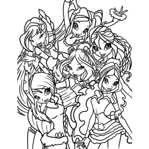 Rostos das fadas Winx sorrindo juntas para colorir