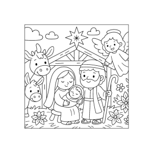 Sagrada Família com a vaquinha e o burrinho no estábulo para colorir