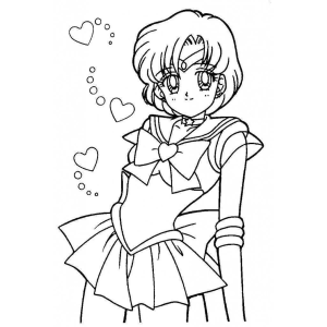 Sailor Mercury com corações flutuando para colorir