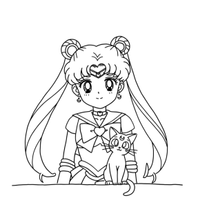 Sailor Moon com a Luna aos seus pés para colorir