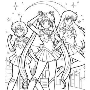 Sailor Moon com as amigas na cidade para colorir