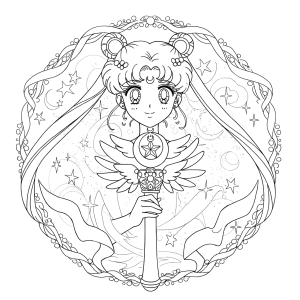 Sailor Moon dentro de um círculo mágico decorado para colorir