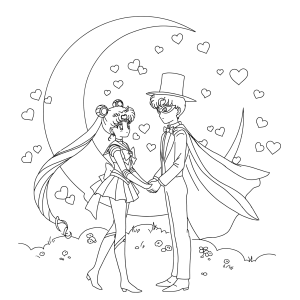 Sailor Moon e Tuxedo Mask sob a lua crescente para colorir