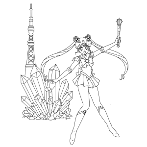 Sailor Moon segurando o cetro lunar com cristais para colorir