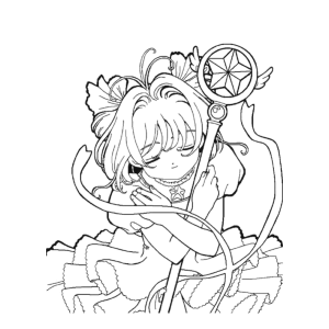 Sakura abraçando o báculo entre flores para colorir