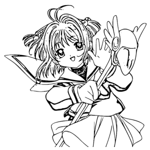 Sakura acenando com o báculo nas costas para colorir