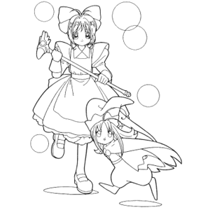 Sakura dançando com Kero para colorir