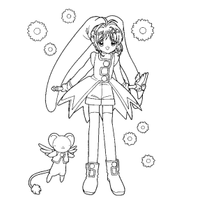 Sakura de uniforme de batalha com Kero para colorir