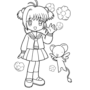 Sakura de uniforme escolar com Kero e flores para colorir