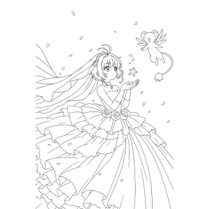 Sakura de vestido de gala com Kero entre pétalas para colorir