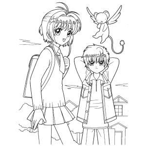 Sakura e Syaoran com Kero voando para colorir