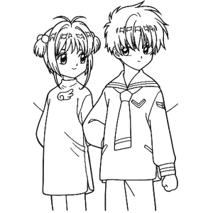 Sakura e Syaoran de uniforme escolar para colorir