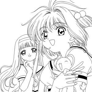 Sakura e Tomoyo sorrindo juntas para colorir