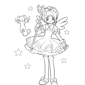 Sakura fantasiada de fada com Kero para colorir