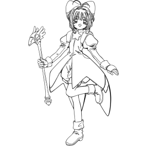 Sakura fantasiada de guerreira segurando o báculo para colorir